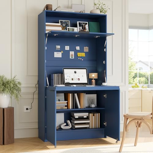 Merax 69 Multifunctional Kitchen Pantry Buffet with Hutch, Foldable Secretary Desk & Power Outlet, Adjustable Shelf Storage Cabinet for Dining Room, Living Room, Blue