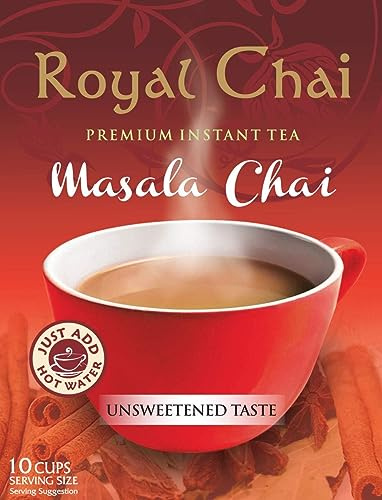 Royal Chai Masala Chai Premium Instant Tea, Unsweetened, Just Add Hot Water, 10 Cups for 1 box