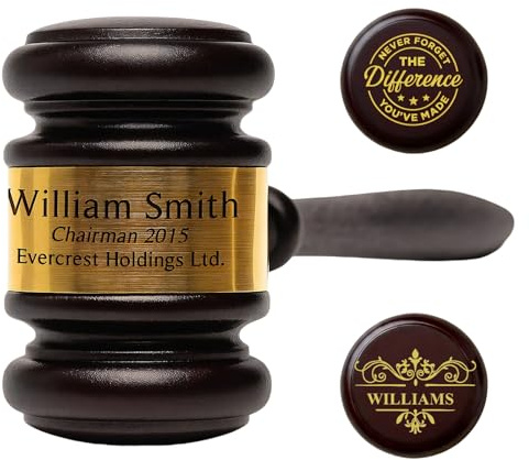 UIDMEN Martello da giudice personalizzato con blocco sonoro, set in legno inciso con nome e testo. Regalo per avvocati, giudici, presidenti, pensionamento, diploma di legge, compleanno, Natale.