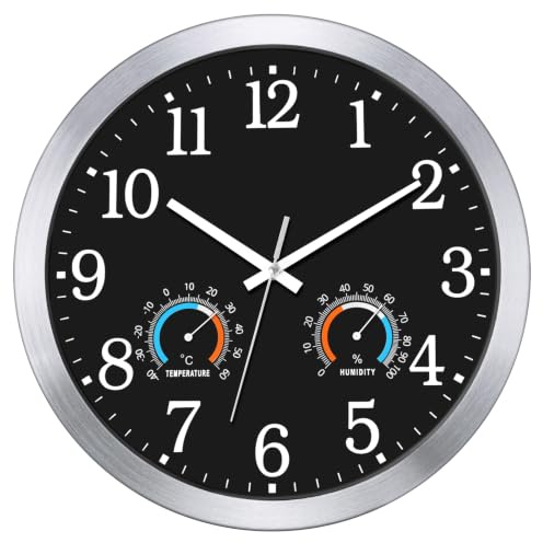 KIZLOC 40 cm Outdoor Uhr Garten Wasserfest mit Thermometer und Hygrometer, Gartenuhr Außen Wetterfest, Lautlose Batteriebetriebene Groß Wanduhr für Draußen Badezimmer Zuhause (Schwarz)