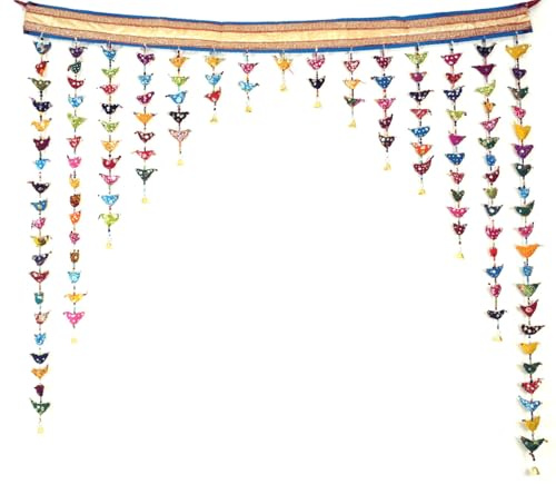 Türbehang, indische Deko mit bunten Vögeln, 100 % Baumwolle, Kunstwerk | Kunstvolle Türdeko, jedes Stück ein Unikat, mit Glöckchen, ideal für kreative Wohnräume