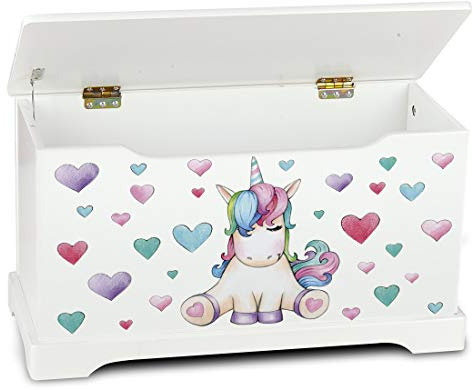 Leomark trälåda för barn – 59 x 26 x 32 cm (H), förvaringsbänk för leksaker, barnbröstbänk, vit leksaksförvaringsbox, säte med förvaring och utrymme för lekning, motiv: Enhörning