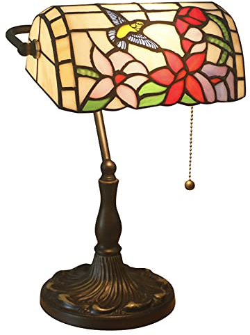 BOTOWI Tiffany Bankers Lampe, 11 Zoll Handgemachter Buntglas-Vogelschirm, Antike Nachttischlampe Mit Zugkettenschalter Schreibtischlampe Für Arbeitszimmer Schlafzimmer Wohnzimmer