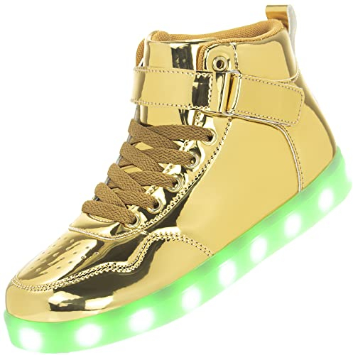 APTESOL Uppladdningsbara LED-sneakers unisex hög topp dam herr sportskor, Guld, 42 EU