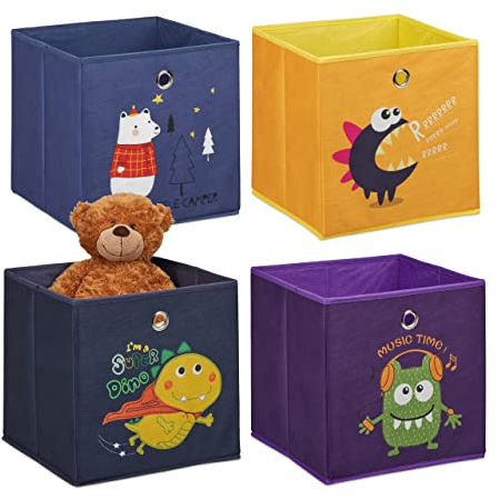 Relaxdays 4er Set Kinder Aufbewahrungsboxen, Tier- & Monstermotive, Faltbox für Würfelregale HBT: 30 x 30 x 30 cm, bunt