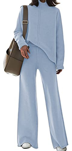 AOHITE Womens 2 Piece Outfit Set Long Sleeve Knit Pullover Sweater Top and Wide Leg Pants Sweatsuit, A Light Blue, S