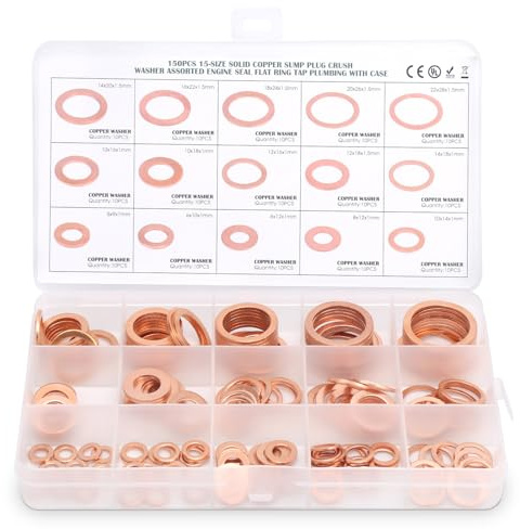 150 Pièces Ensemble de Rondelles en Cuivre, Bague d'étanchéité Plate Joint en Cuivre Rouge Joint Torique Joint d'étanchéité Rondelle Joint d'étanchéité Kit D'assortiment de