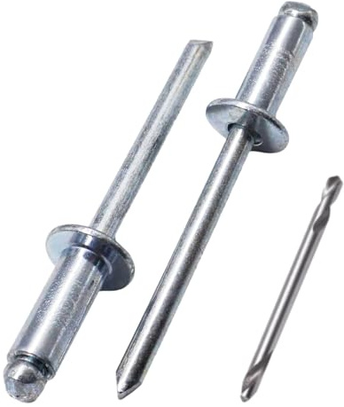 SKIR'CO (200 Stück) Blindnieten aus verzinktem Stahl 5,0 x 12 mm, Stahldorn, Popnieten, Kuppelkopf, DIN 7337 Nieten, Bohrer enthalten