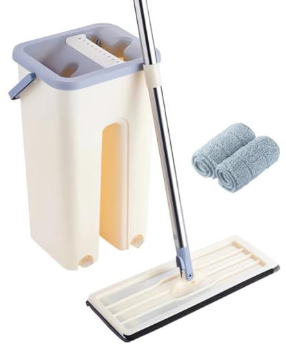 Mopa Fregona Plana con Cubo Escurridor y 6 Almohadillas Autoescurribles - Ideal para Suelos, Azulejos, Paredes, Parquet, Madera y Ventanas - Mop Bucket Trapeadora (Beis)