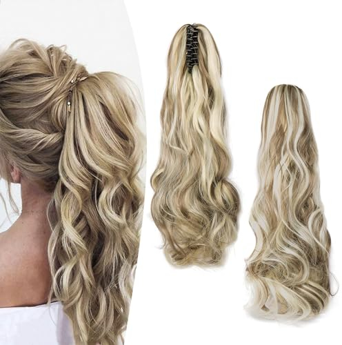 Gairyan 50cm Pferdeschwanz Haarteil Zopf Extensions Lang Lockige Claw Clip in Ponytail Extensions Synthetik Haare Extensions Gewellt Haarteil Haarverlängerung für Frauen, Aschblond & Gebleichtes Blond