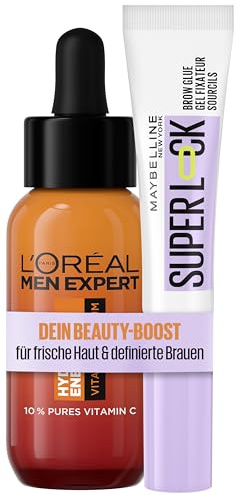 Maybelline New York Auegnbrauengel, Super Lock Brow Glue, starker Halt, definierte Brauen, transparent, 8 g + L'Oréal Men Expert Vitamin C Serum gegen müde Haut, 10% Vitamin C, Hydra Energy, 30 ml