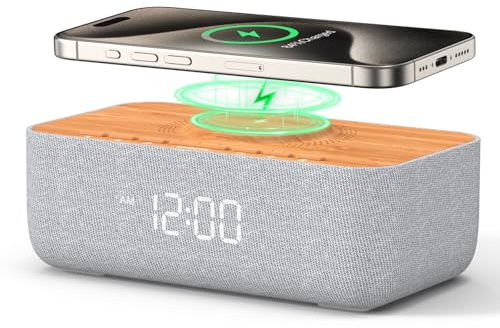 REACHER 15W Fast Magnetic Wireless Charging Alarm Clock with White Noise Machine, Woodgrain Style, 20 High‑Fidelity Sounds, Gradual Wake & Snooze, 0–100% Dimmable Digital Clock, Bedroom & Office