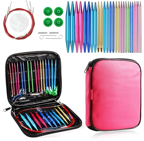 37pcs Rundstricknadeln Set Austauschbar Aluminium - Ergonomische Griffe, mehrere Größen, Qualität Drähte, perfekt für Stricken Projekt（Markierungen）