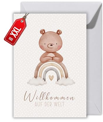 WBdesignz Geburtskarte mit Umschlag - Glückwunschkarte zur Geburt Willkommen auf der Welt Bär Regenbogen (XXL DIN A4)