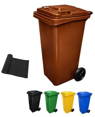 JARDIN202 - Contenedor de Basura Reciclables de Colores con Ruedas y Mango Antideslizantes | 120L, 240L, 360L, 800L y 1100L | 120 L + Bolsas (Marrón)
