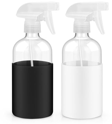 Worldgsb 2 Pack Glass Spray Bottles with Silicone Sleeve, 16 oz Empty Refillable Containers with Adjustable Spray Nozzles, Spray Bottles for Hair, Cleaning Solutions and Plants Black&White