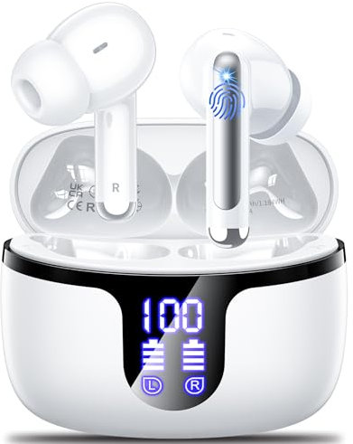 Auriculares Inalámbricos Bluetooth, 2024 Auriculares Bluetooth 5.3 HiFi Estéreo con 4 HD Mic, 50H Cascos Inalámbricos Bluetooth con función de reducción de Ruido, IPX7 Impermeable, LED, Blanco Plata