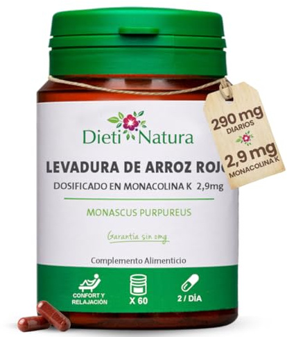 Dieti Natura Levadura de Arroz Rojo 60 Cápsulas para Reducir Colesterol - 2,9mg de Monacolina K para Bajar el Colesterol - Levadura Roja de Arroz para Salud Cardiovascular (60 Capsulas)
