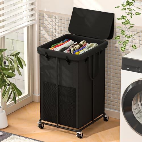 Grand panier à linge de 150 litres avec couvercle, en tissu Oxford, cadre en métal et sac amovible avec roulettes, pour chambre à coucher, salle de bain, dortoir, buanderie (couvercle noir)