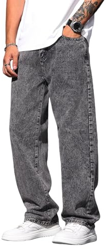 DFGIGT Men's Baggy Jeans Loose Fit Y2k Skater Denim Pants Straight Leg Hip Hop Trousers Streetwear Casual Loose Trousers 2000s Relaxed Fit Straight Leg Skater Skateboard,E9 Grey,X-Large