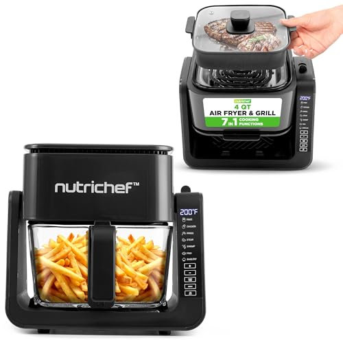 Nutrichef Heißluftfritteuse + Elektrogrill, 4L Airfryer mit Sichtfenster bis 360 °C, 7 Programme, Antihaft & Spülmaschinenfest, Fettfrei Frittieren, Grillen, Backen, 1500 W