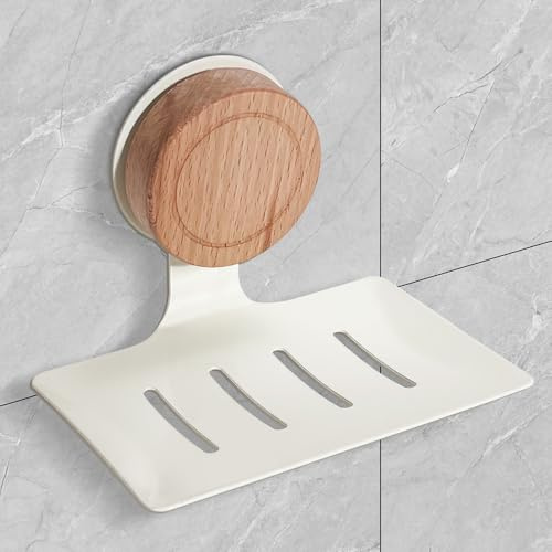 Gomeer Porte-savon pour douche, support mural en chêne, rotatif à ventouse, auto-drainant, portable, étanche, sans perçage pour salle de bain, cuisine (blanc crème)