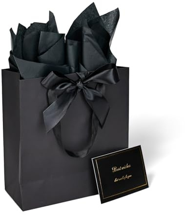 Huaprint 2 Pack Black Large Gift Bags Kit, 25.4x11.4x28cm Extra Large & Sturdy Gift Wrapping Set with Tissue Paper, Card & Ribbon for Clothing, Shoes, Wine Bottles, Christmas Birthday Gifts