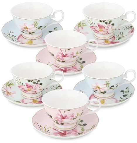 fanquare Blumenmuster Teetassen und Untertassen 6er Set, Verschiedene Pastellfarbene Blumen Porzellan Kaffeetasse mit Goldenem Rand, Spülmaschinen- und Gefriergeeignet