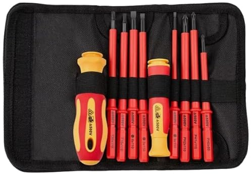 10Pcs VDE Insulated Electrician Screwdriver Set Interchangeable Head Kit Magnetic Chrome Vanadium Steel with Pouch Ideal for Electrical, Home and DIY Projects Magnetic Tips 500V