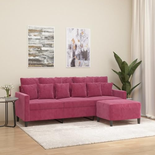 YuuSsea 3-sitsig soffa, vinröd sammet, 180 cm sittbredd, med pall, metallram, för vardagsrum, mysig lounge