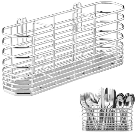JORcadis 1 Pcs 7.87 * 1.57 * 3.54 IN Cutlery Drainer for Sink, Stainless Steel Utensil Holder with Hooks, Rust-Proof Cutlery Organizer, Space-Saving Kitchen Drain Rack, Silver
