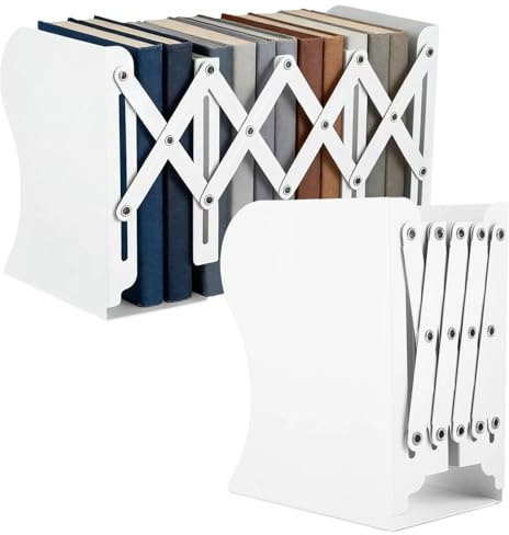 Kievano Sujeta Libros Telescópicos – Organizador Libros Metálico Regulable y Extensible 10–50 cm, Sujetalibros de Escritorio de 3 Niveles, Antideslizante e Inoxidable, Blanco, para Oficina y Hogar