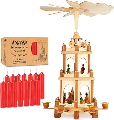 BRUBAKER Weihnachtspyramide - 3-stöckige Holzpyramide mit handbemalten Figuren aus Holz - 45 cm Pyramide Weihnachten inkl. 50er Pack Pyramidenkerzen Rot - Drehbare Weihnachtsdekoration - Natur