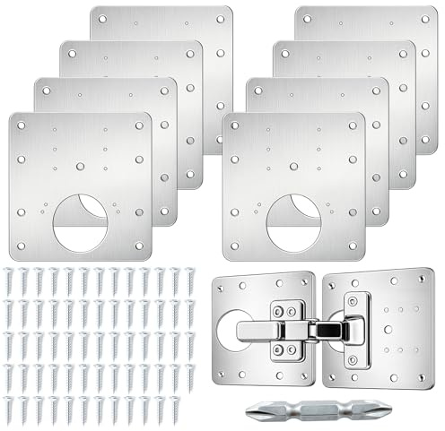 Lot de 8 Plaque Reparation Charniere Porte, Plaque de Réparation de Charnière Porte et Meuble, en Acier Inoxydable avec 48 Vis, Kit de Réparation Charnière pour Porte de Placard, Armoire
