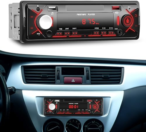 CAMECHO Autoradio Bluetooth 1 Din con FM, Fispositivo vivavoce BT, Retroilluminazione rossa, 2 porte USB AUX-in, lettore MP3 per auto 10,8V-16V