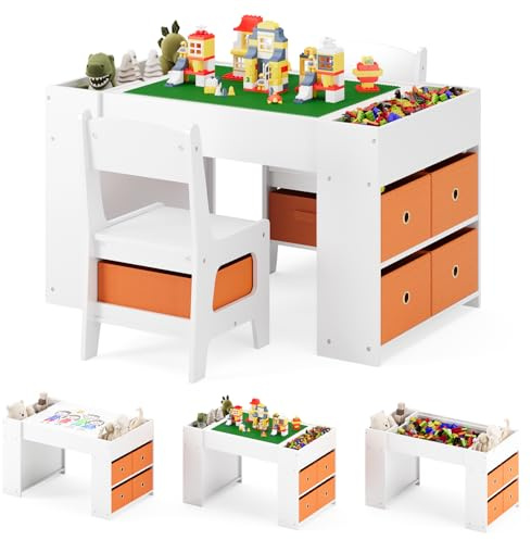 Xbro Set Tavolo e Sedie per Bambini 3+ Anni, Tavolo Attività con Piano Reversibile 4 in 1 (Costruzioni e Lavagna), 2 Moduli Laterali con 8 Cassetti e 2 Sedie con Contenitore, Facile da Pulire, Bianco