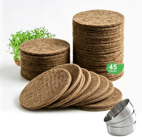 MidingChai 45er Jutte Microgreens Anzuchtschalen mit 500g/m², 95x95x5mm, Kresse Anzuchtschalen Set mit 3 Edelstahl Trays, Biologisch Abbaubares, Sprossen Anzuchtschale für Weizengras, Tomaten