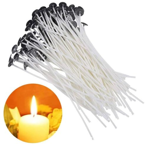 100 pezzi di stoppini naturali in cotone con linguette, stoppini commestibili di grado alimentare per candele al burro, pre-cerati per cera di soia, cera gel, paraffina, forniture per la realizzazione