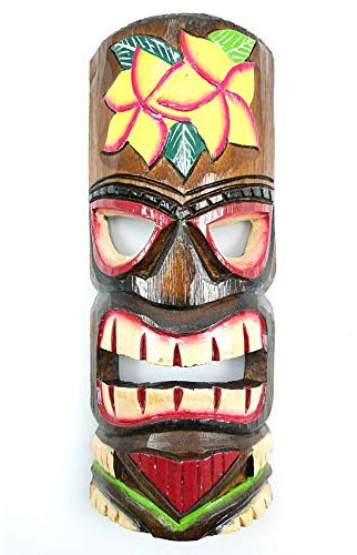 Maschera Tiki 30 cm in legno motivo floreale. Decorazione Tahiti