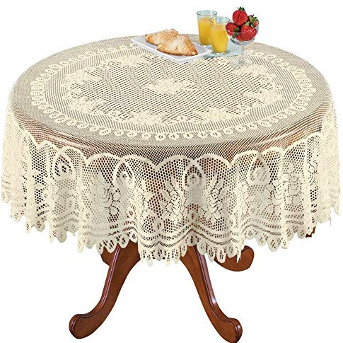 NC AMIPOS Spitzendeckchen, Beige, gehäkelt, waschbar, aus Polyester, Jacquard, für Hochzeit, Party, Restaurant, Bankett, Picknick (Beige, Rund, 180 cm)