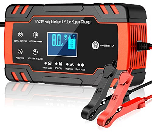 Husgw Car Battery Charger,8A 12V/4A 24V Car Battery Charger, Leisure Battery Charger,Automotive Smart Portable Battery Charger Maintainer/Pulse Repair Charger Pack for Car, Motorcycle, Lawn Mower(Red