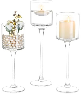 Inweder Tall Glass Candle Holder: Long Stem Floating Candle Holders for Tealight Votive and Pillar Large Clear Centerpieces for Wedding Table Party Home Set of 3