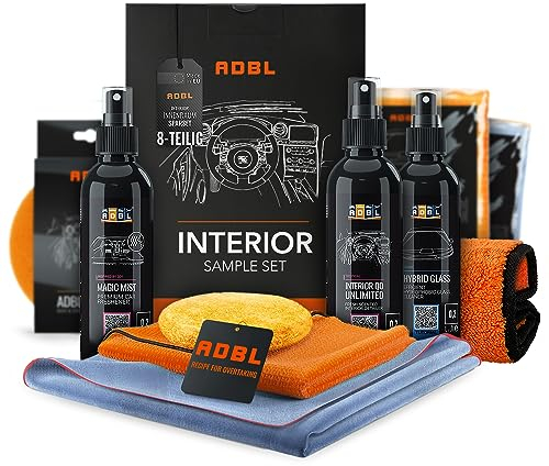 ADBL Autopflege Set: Interior Experience Set Autoreinigungsset Innenpflege - Innenreiniger Glasreiniger Innenraumduft Lufterfrischer Handpolierschwamm Mikrofasertuch Reinigungstuch | 8-teilig