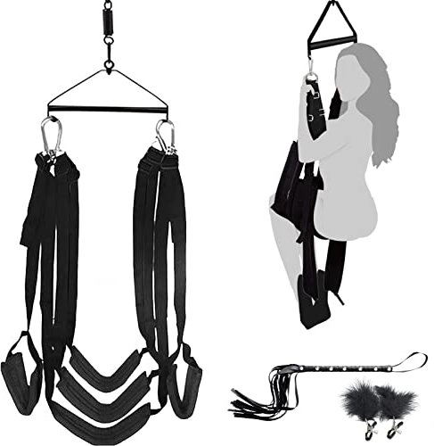 Deluxe Liebesschaukel Kit für die Decke,Sexschaukel mit Nippelklemmen & Peitsche,Belastbar Bis 100kg,Love swing Sex Swing Sexmöbel mit 3 Kopfpolster Lendenpolster Hüftpolster Beinpolster (Schwarz)