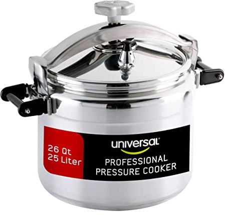 Universal (Large) 26-Quart Aluminum Pressure Cooker for Professional Use – Commercial-Grade, 1 Safety Valve, Reinforced Handles, Easy-Open Lid, – Ideal for Large Kitchens, and Restaurants