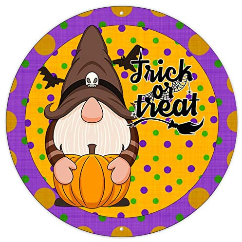 Halloween Willkommen Türhänger Lila und Grün Polka Wreath Gnomes Metall Kunst Schild Halloween Trick Or Treat Metall Wandschild Gruselige Saison Zwerge Retro Schild für Waschküche 30,5 x 30,5 cm