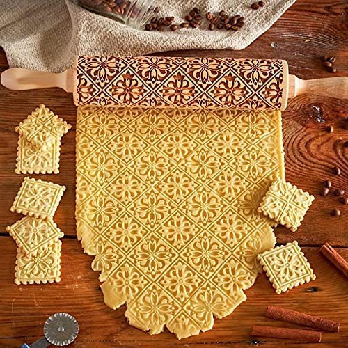 Christmas Rolling Pin,Wooden 3D Rolling Pins Embossed, Embossing Rolling Pin with Engraved Christmas Themed Symbols for Baking Embossed Cookies, Rolling Pin Kitchen Tool (Flower Window)
