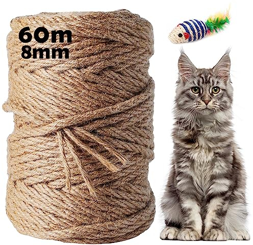 Corda Naturale Tiragraffi Sisal Corda 60M x 8MM per Riparazione e Sostituzione di Gatto Scratching Pilastro, Gatto Albero, Gatto Graffiare Pad, (60M, 8MM)