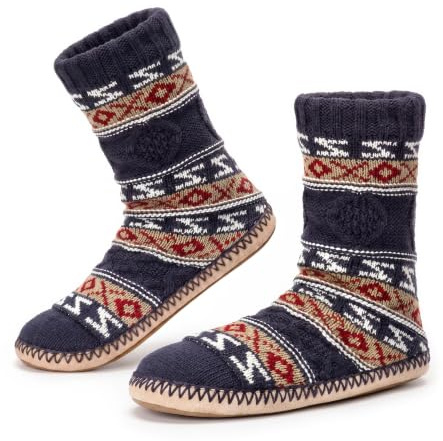 Cozylook Mens Slipper Socks Fleece Lined Non-slip Soles, Winter Soft Thick Cozy Home Boots, Warm Fuzzy House Shoes Indoor, Cable Knit Navy, 12-13