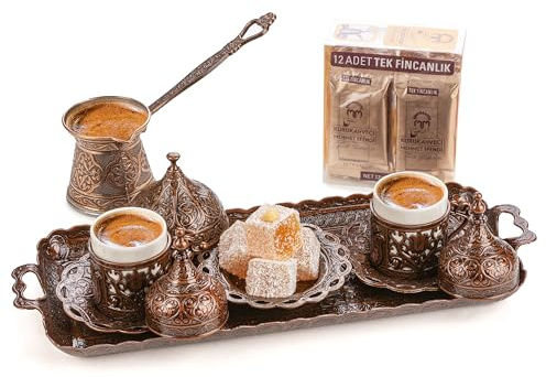 Alisveristime Premium Turkish Coffee Set - 12-Person Turkish Coffee, Cezve, 2-Person Cups, Delight Bowl, and Tray (4 Colors) (Brown)